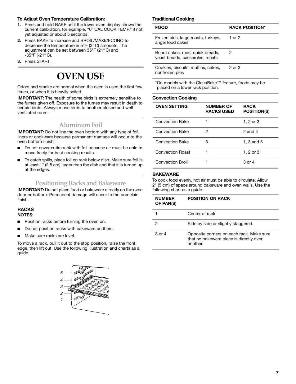 Oven use, Aluminum foil, Positioning racks and bakeware | KITCHENAID KEHC309 User Manual | Page 7 / 20