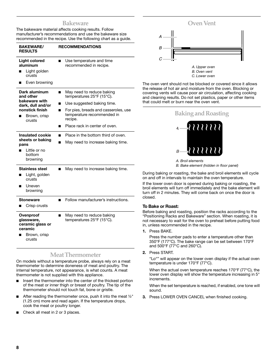 Bakeware, Meat thermometer, Oven vent | Baking and roasting | KITCHENAID KEHC309 User Manual | Page 8 / 20