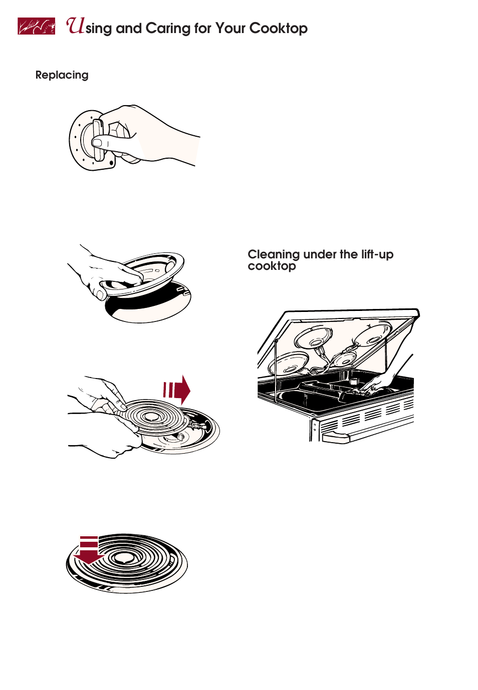 Sing and, Aring for, Ooktop | Cleaning under the lift-up cooktop | KITCHENAID KERI500 User Manual | Page 12 / 44
