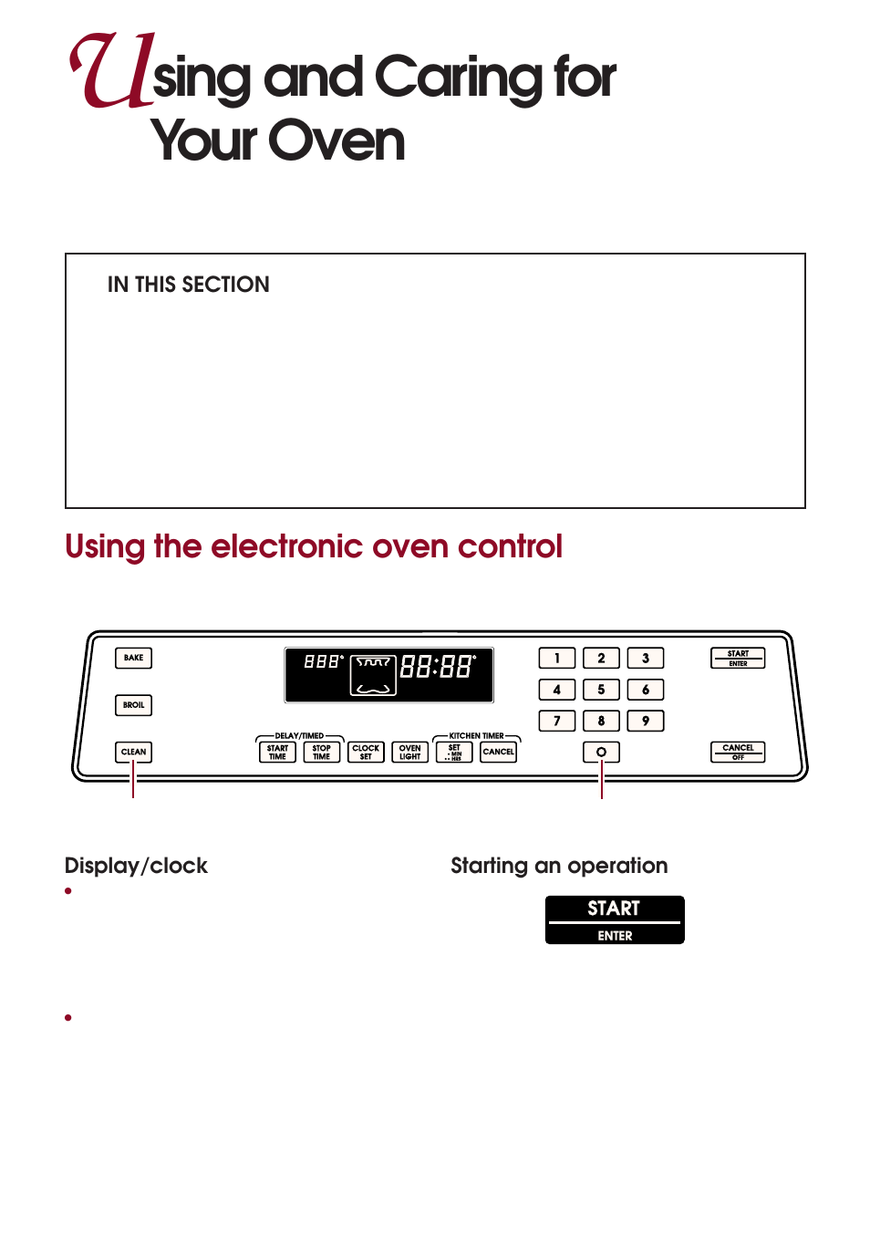 Using and caring for your oven, Using the electronic oven control, Sing and caring for your oven | Display/clock, Starting an operation, Start | KITCHENAID KERI500 User Manual | Page 14 / 44