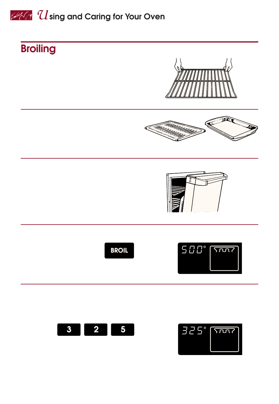 Broiling, Sing and caring for your oven | KITCHENAID KERI500 User Manual | Page 22 / 44