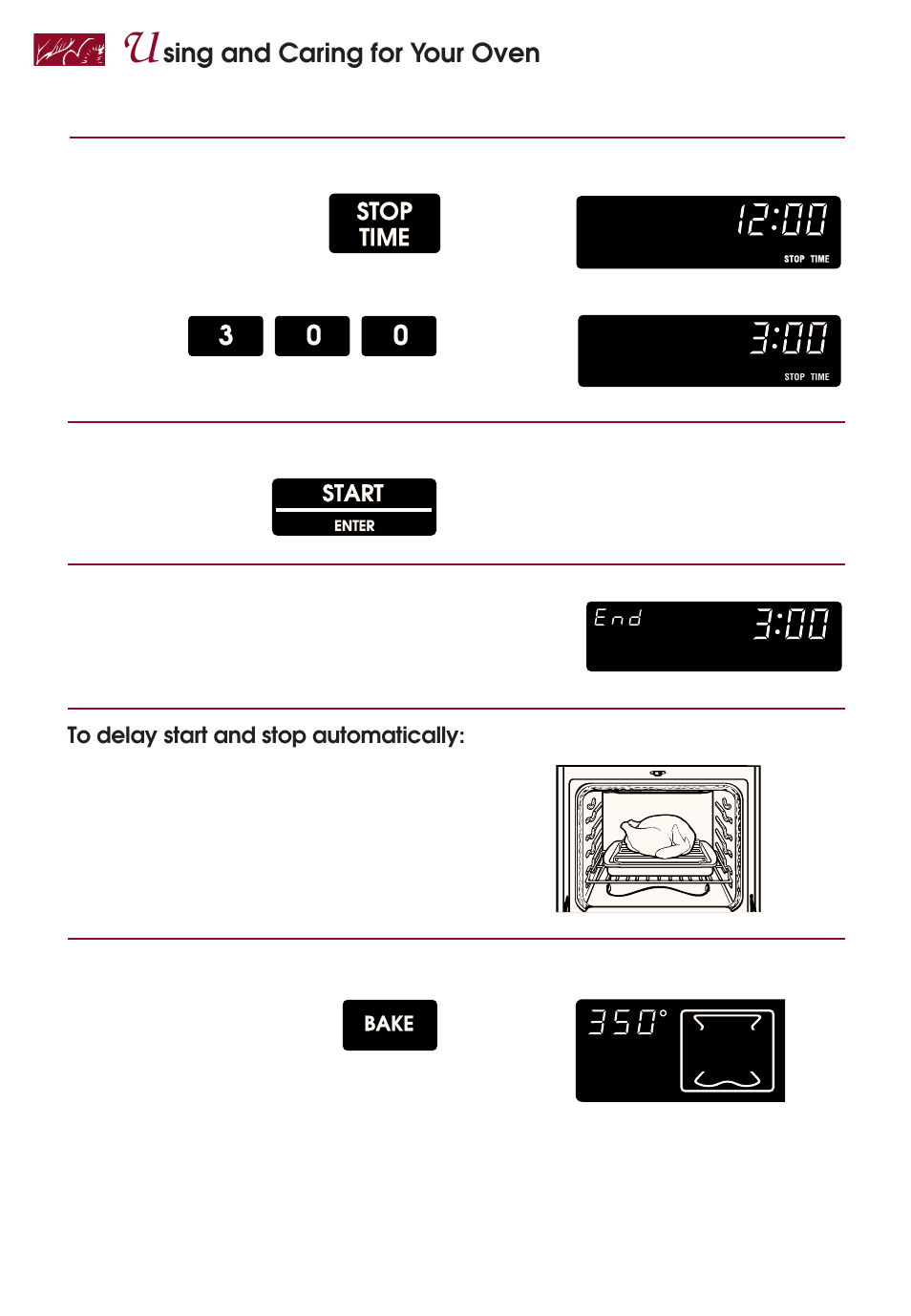 Sing and caring for your oven, Stop time, Set stop time | Start oven, Choose setting, Start, Bake, Example | KITCHENAID KERI500 User Manual | Page 26 / 44