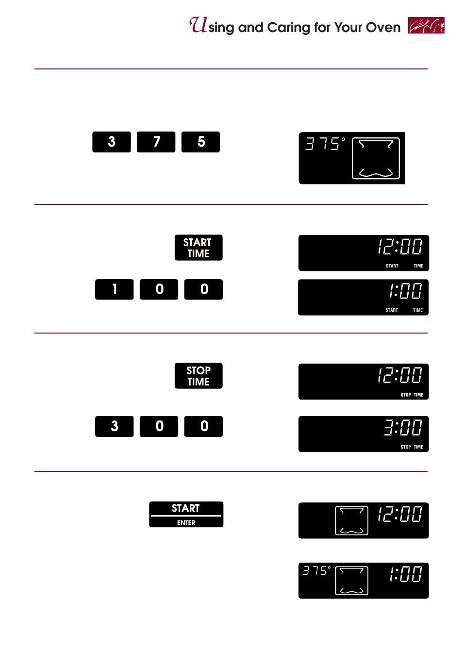 Sing and caring for your oven, Set temperature (optional), Set start time | Set stop time, Complete entry, Stop time, Start time, Start, Example, Press | KITCHENAID KERI500 User Manual | Page 27 / 44