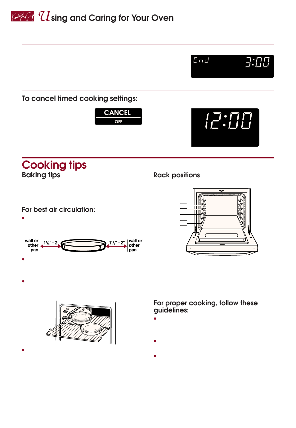 Cooking tips, Sing and caring for your oven, Baking tips | KITCHENAID KERI500 User Manual | Page 28 / 44