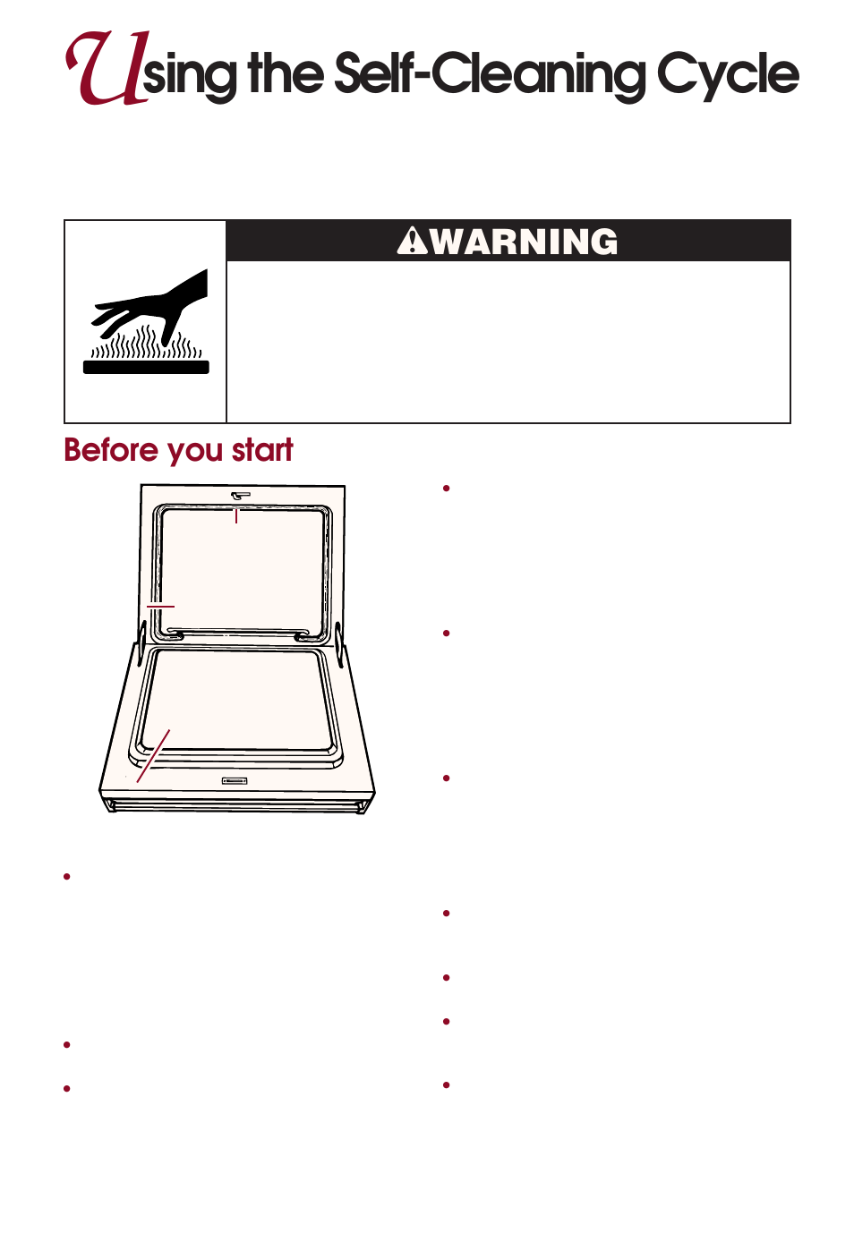 Using the self-cleaning cycle, Sing the self-cleaning cycle, Wwarning | Before you start | KITCHENAID KERI500 User Manual | Page 36 / 44