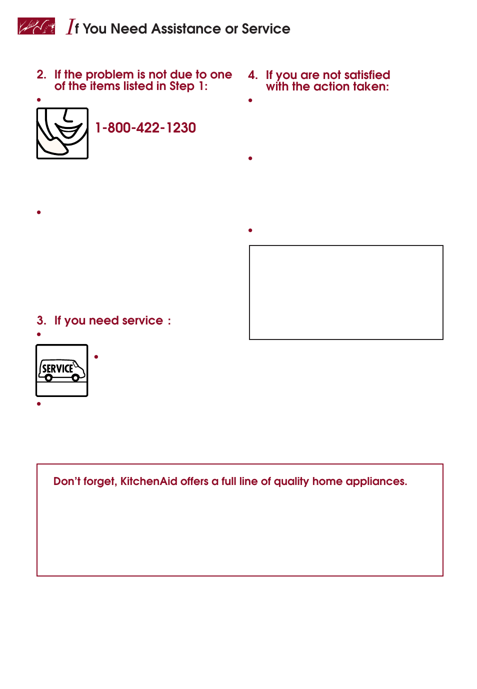 F you need assistance or service | KITCHENAID KERI500 User Manual | Page 42 / 44