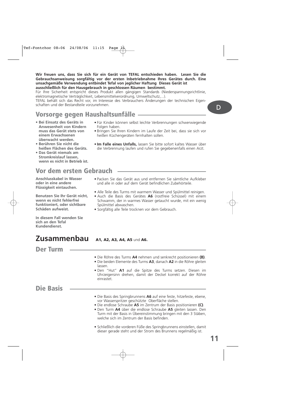 German, Zusammenbau, Vorsorge gegen haushaltsunfälle | Vor dem ersten gebrauch, Der turm, Die basis | Tefal KD400 User Manual | Page 11 / 64