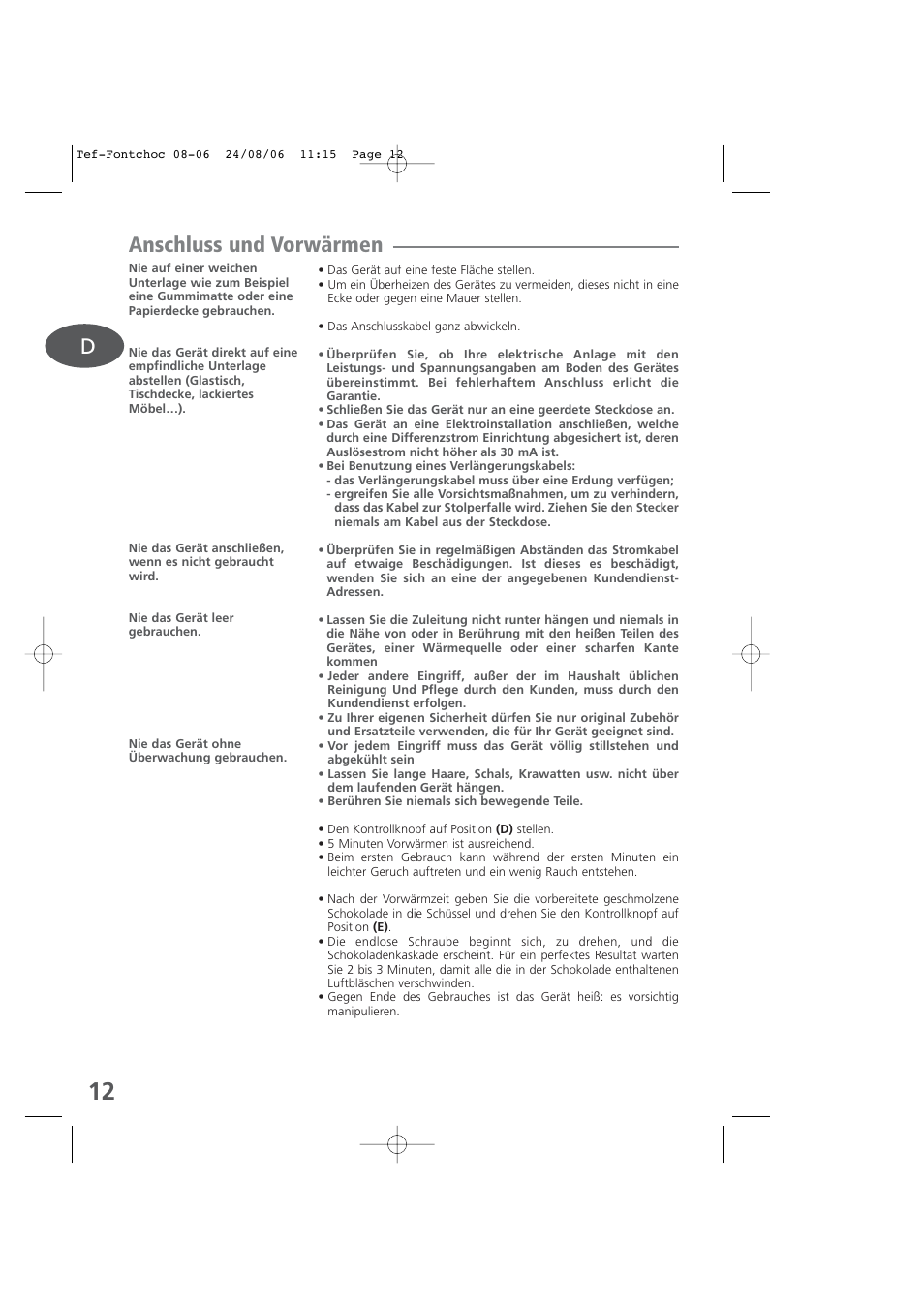 Anschluss und vorwärmen | Tefal KD400 User Manual | Page 12 / 64