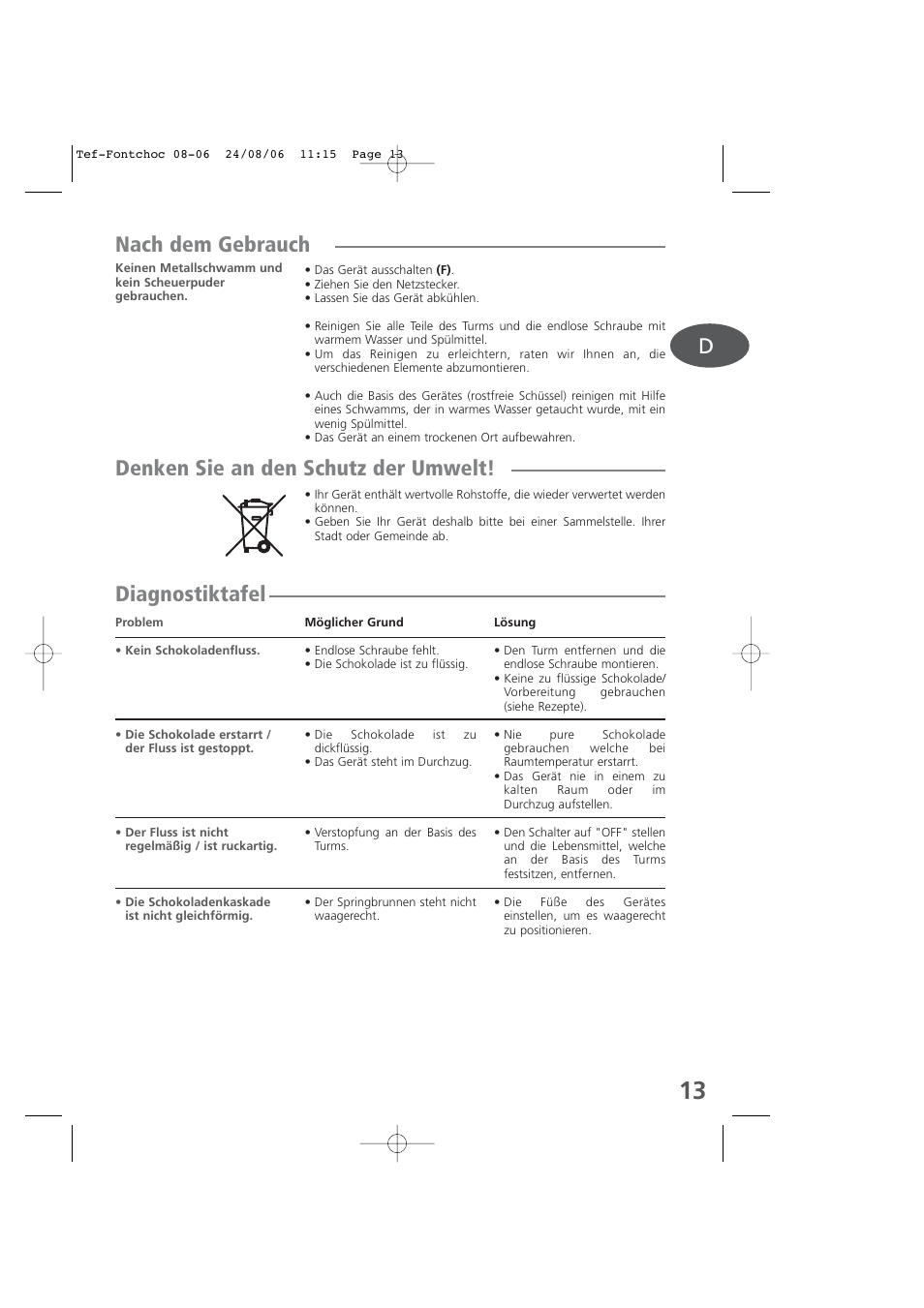 Nach dem gebrauch, Denken sie an den schutz der umwelt, Diagnostiktafel | Tefal KD400 User Manual | Page 13 / 64