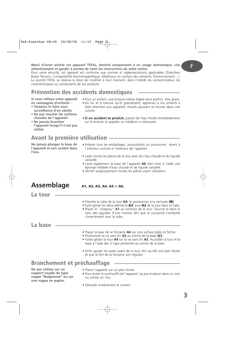 French, Assemblage, Prévention des accidents domestiques | Avant la première utilisation, La tour, La base, Branchement et préchauffage | Tefal KD400 User Manual | Page 3 / 64