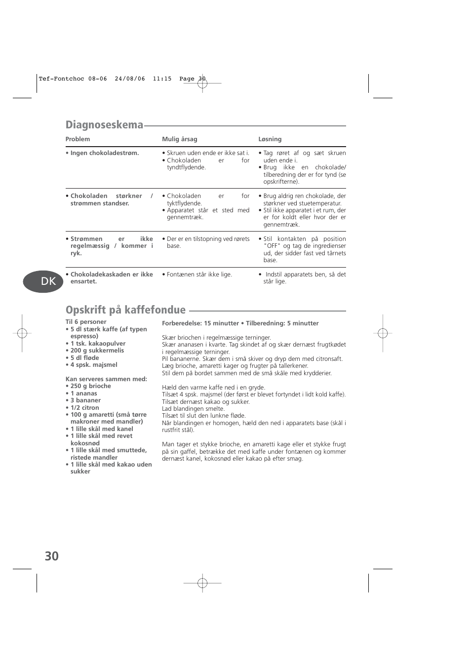 Diagnoseskema opskrift på kaffefondue | Tefal KD400 User Manual | Page 30 / 64