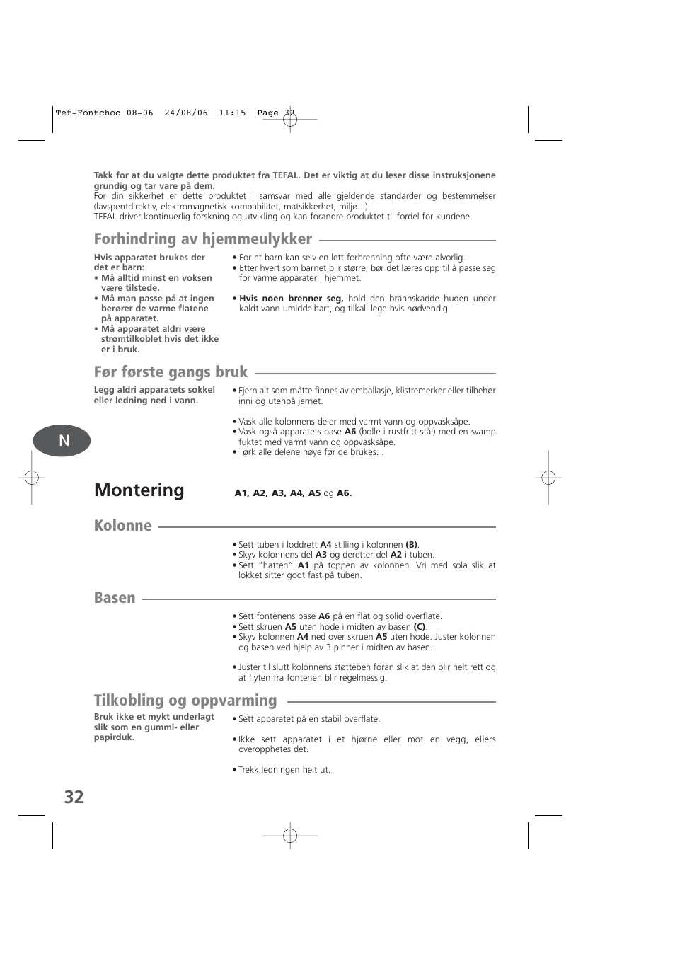 Norwegian, Montering, Forhindring av hjemmeulykker | Før første gangs bruk, Kolonne, Basen, Tilkobling og oppvarming | Tefal KD400 User Manual | Page 32 / 64