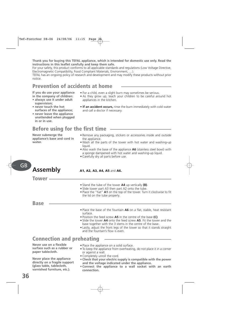 English, Assembly, Prevention of accidents at home | Before using for the first time, Tower, Base, Connection and preheating | Tefal KD400 User Manual | Page 36 / 64