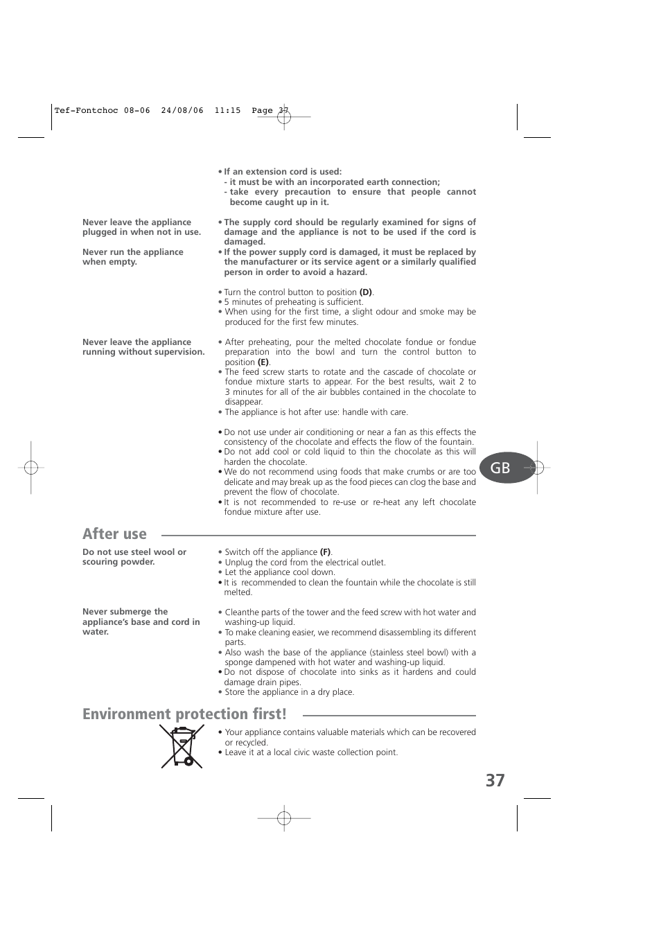 After use, Environment protection first | Tefal KD400 User Manual | Page 37 / 64