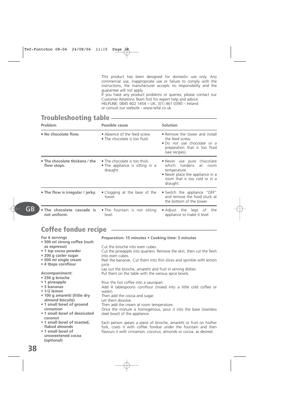 Troubleshooting table coffee fondue recipe | Tefal KD400 User Manual | Page 38 / 64