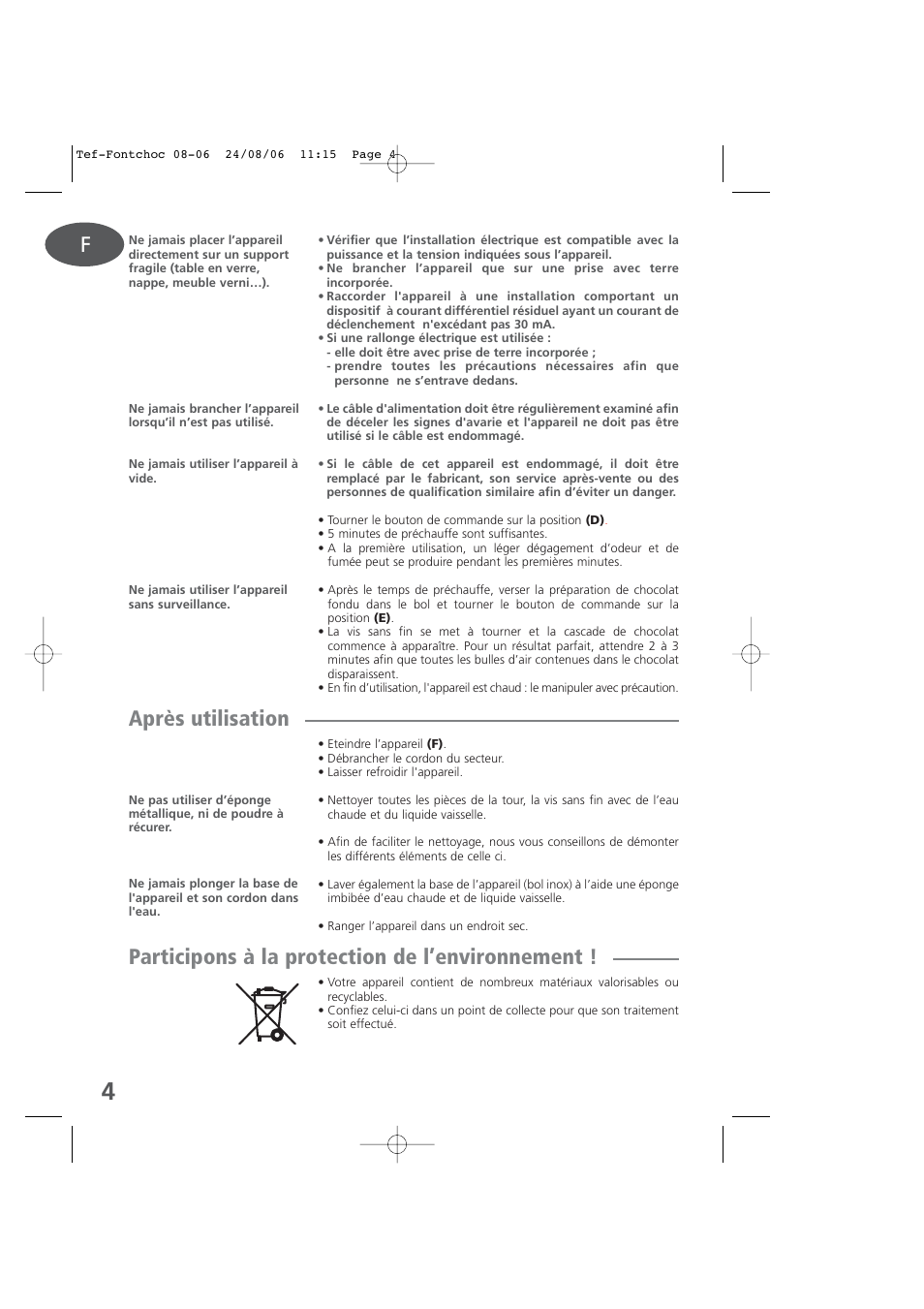 Après utilisation, Participons à la protection de l’environnement | Tefal KD400 User Manual | Page 4 / 64