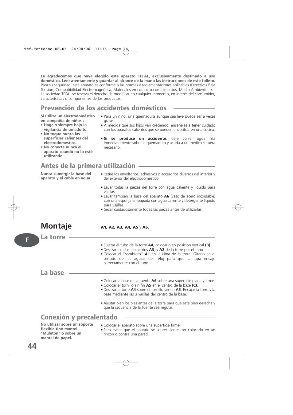 Spanish, Montaje, Prevención de los accidentes domésticos | Antes de la primera utilización, La torre, La base, Conexión y precalentado | Tefal KD400 User Manual | Page 44 / 64