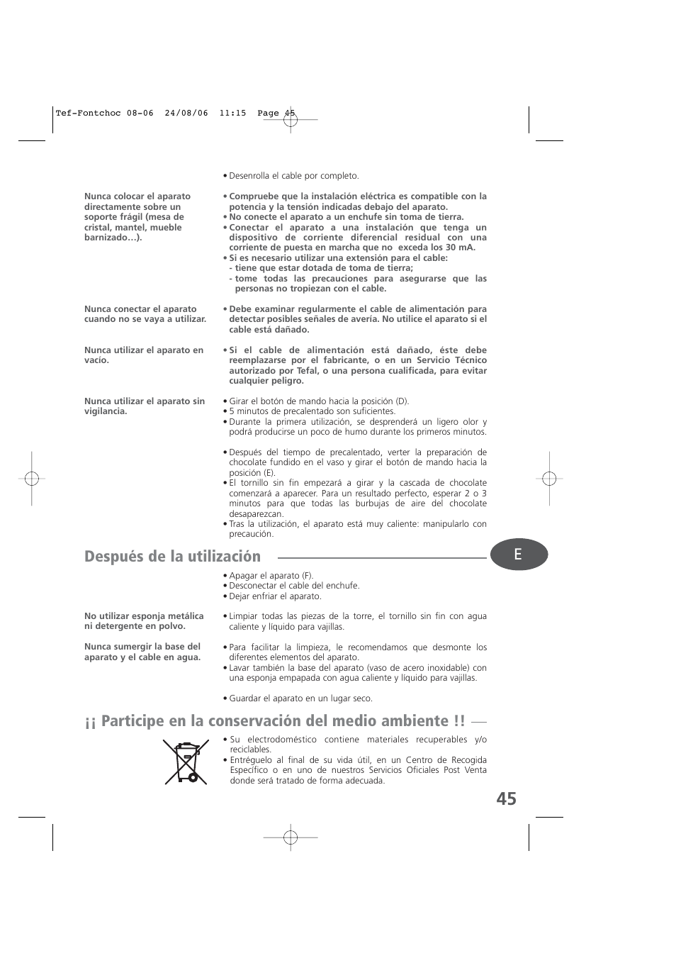 Después de la utilización, Participe en la conservación del medio ambiente | Tefal KD400 User Manual | Page 45 / 64