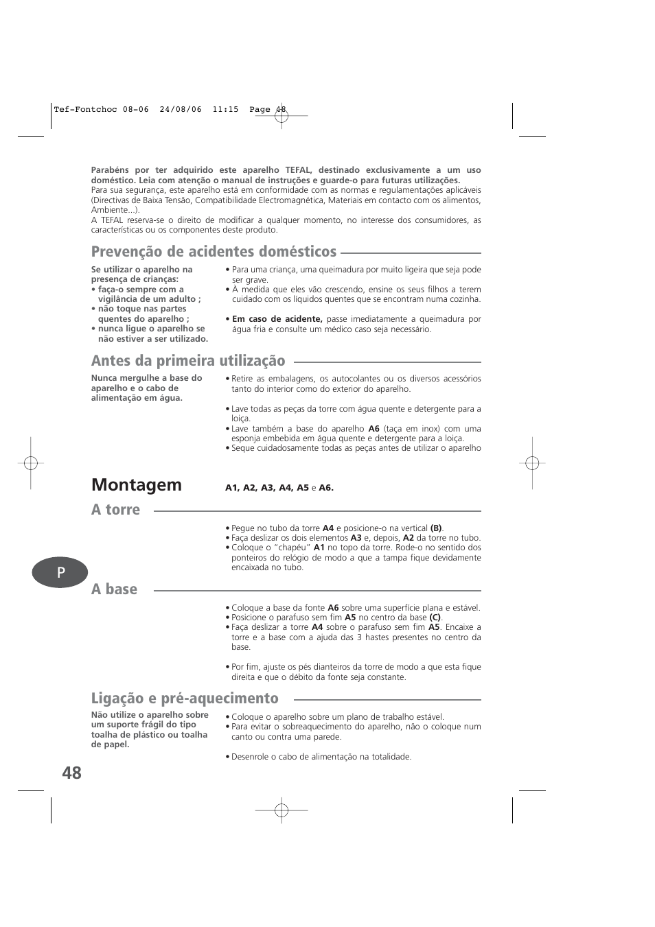 Portuguese, Montagem, Prevenção de acidentes domésticos | Antes da primeira utilização, A torre, A base, Ligação e pré-aquecimento | Tefal KD400 User Manual | Page 48 / 64