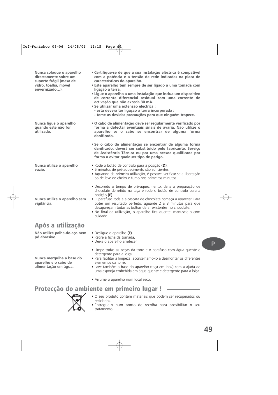 Após a utilização, Protecção do ambiente em primeiro lugar | Tefal KD400 User Manual | Page 49 / 64