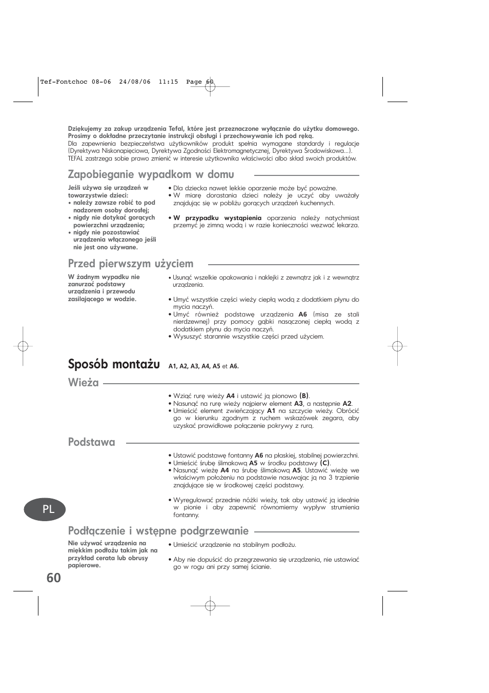 Polish, Sposób montażu, Zapobieganie wypadkom w domu | Przed pierwszym użyciem, Wieża, Podstawa, Podłączenie i wstępne podgrzewanie | Tefal KD400 User Manual | Page 60 / 64