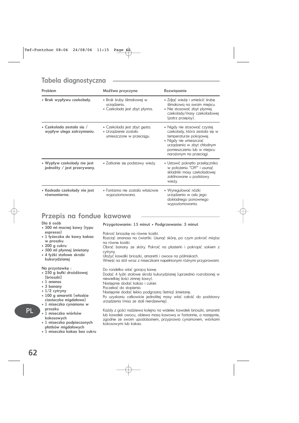 Tabela diagnostyczna przepis na fondue kawowe | Tefal KD400 User Manual | Page 62 / 64
