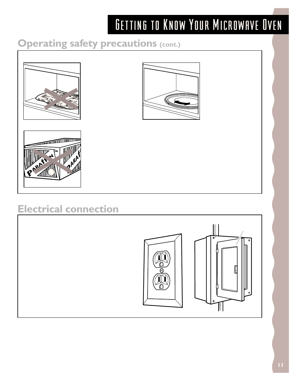 Electrical connection, Getting to know your microwave oven, Operating safety precautions | KITCHENAID KCMS135H User Manual | Page 11 / 44
