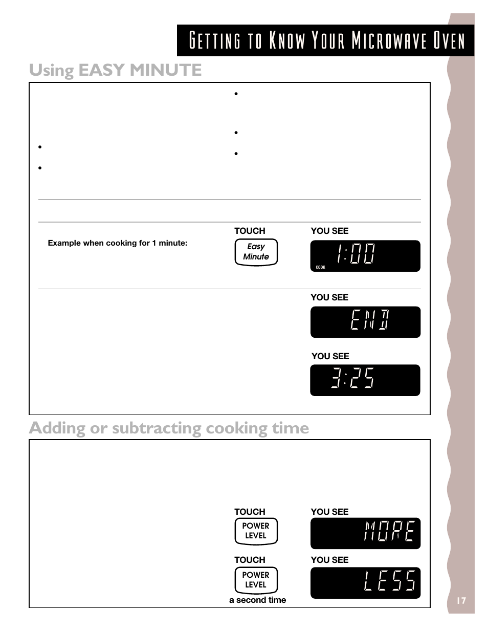 Using easy minute, Adding or subtracting cooking time | KITCHENAID KCMS135H User Manual | Page 17 / 44