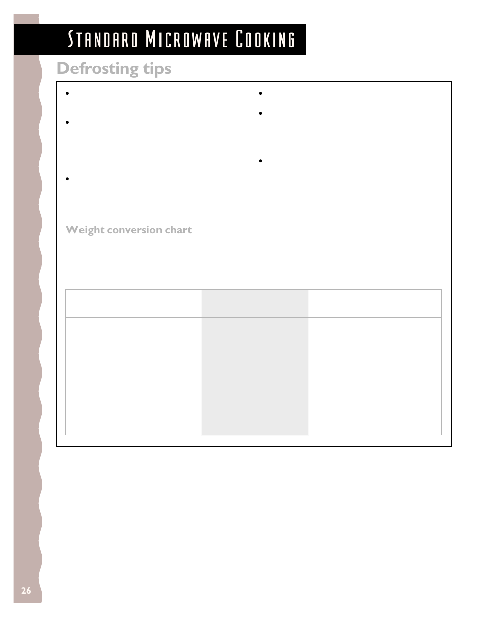 Defrosting tips, Weight conversion chart | KITCHENAID KCMS135H User Manual | Page 26 / 44