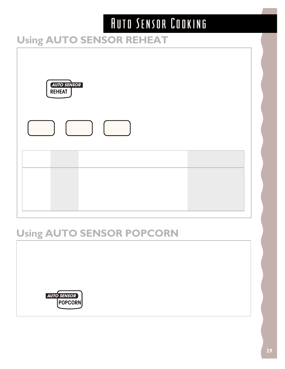 Using auto sensor reheat, Using auto sensor popcorn, 1or 2 3 or | KITCHENAID KCMS135H User Manual | Page 29 / 44