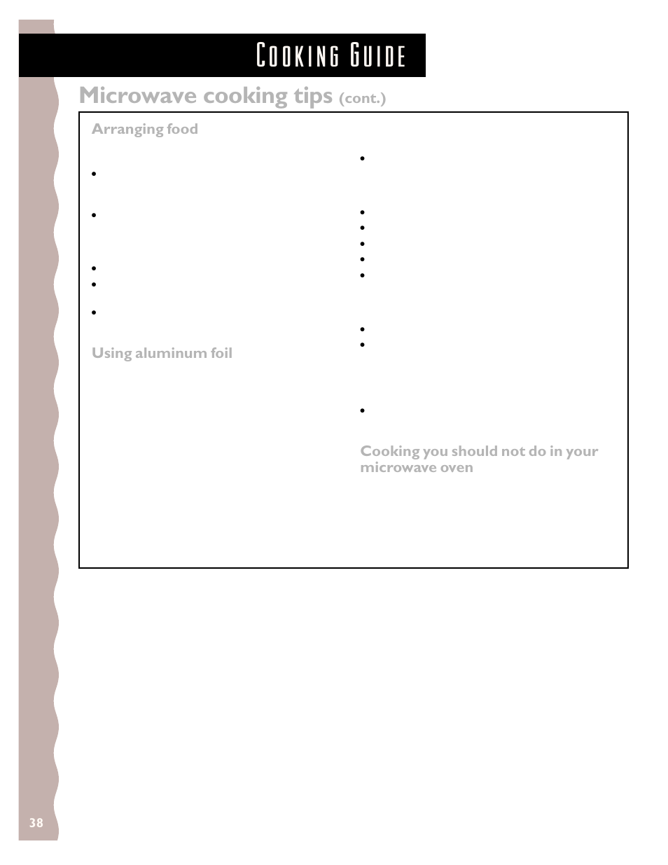 Microwave cooking tips, Cont.) arranging food, Using aluminum foil | Cooking you should not do in your microwave oven | KITCHENAID KCMS135H User Manual | Page 38 / 44