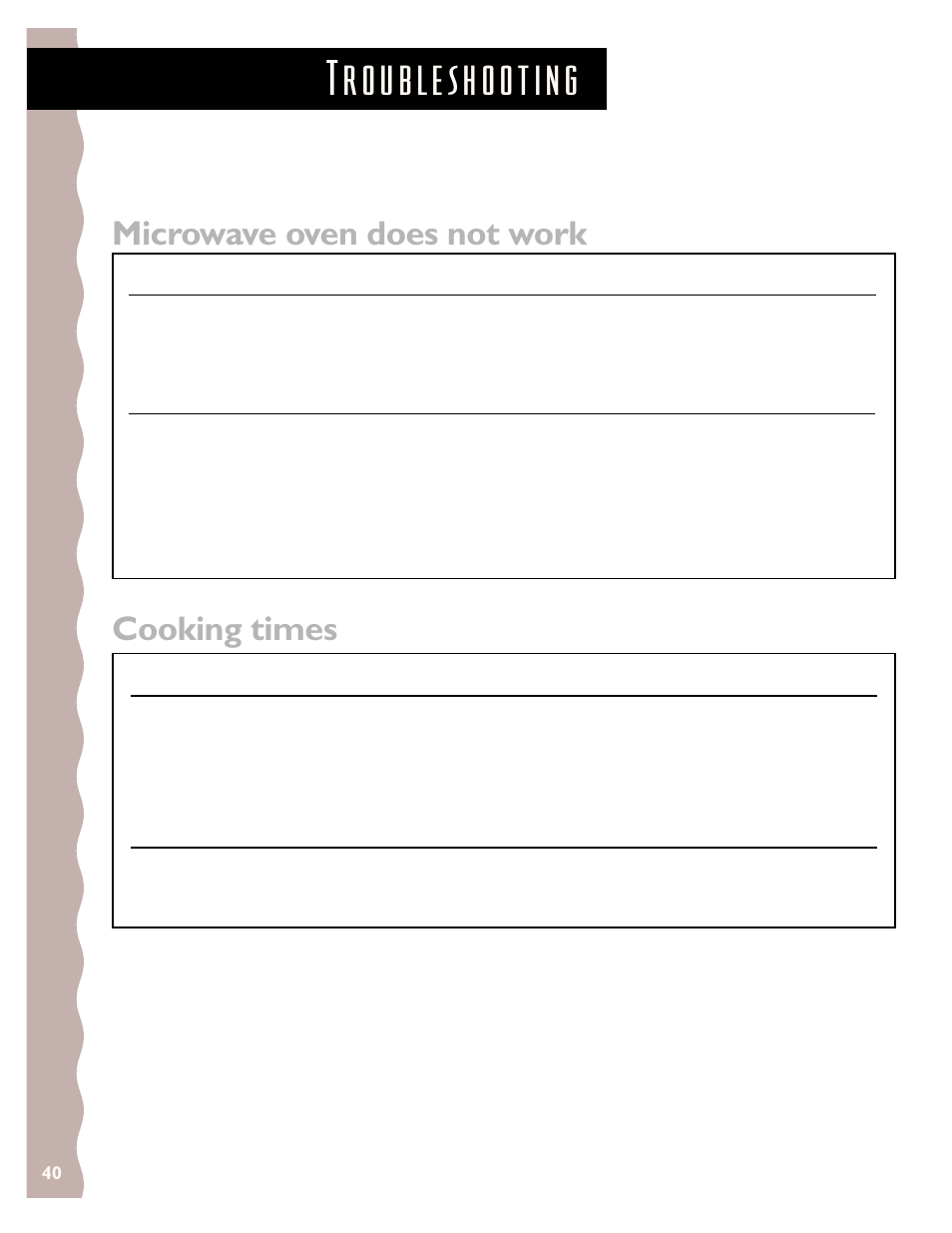 Troubleshooting, Microwave oven does not work, Cooking times | KITCHENAID KCMS135H User Manual | Page 40 / 44