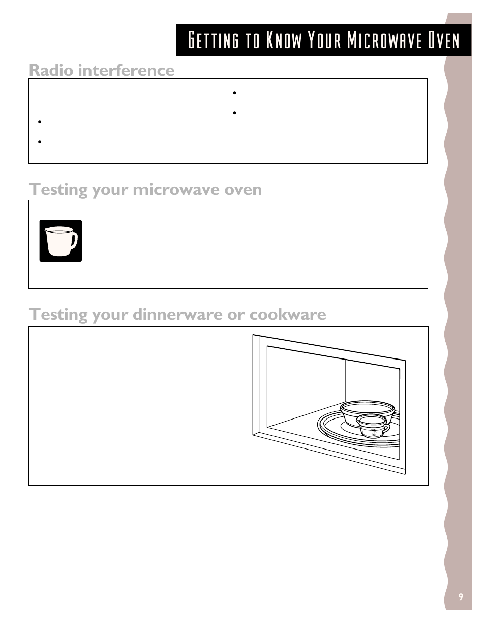 Radio interference, Testing your microwave oven, Testing your dinnerware or cookware | Getting to know your microwave oven | KITCHENAID KCMS135H User Manual | Page 9 / 44