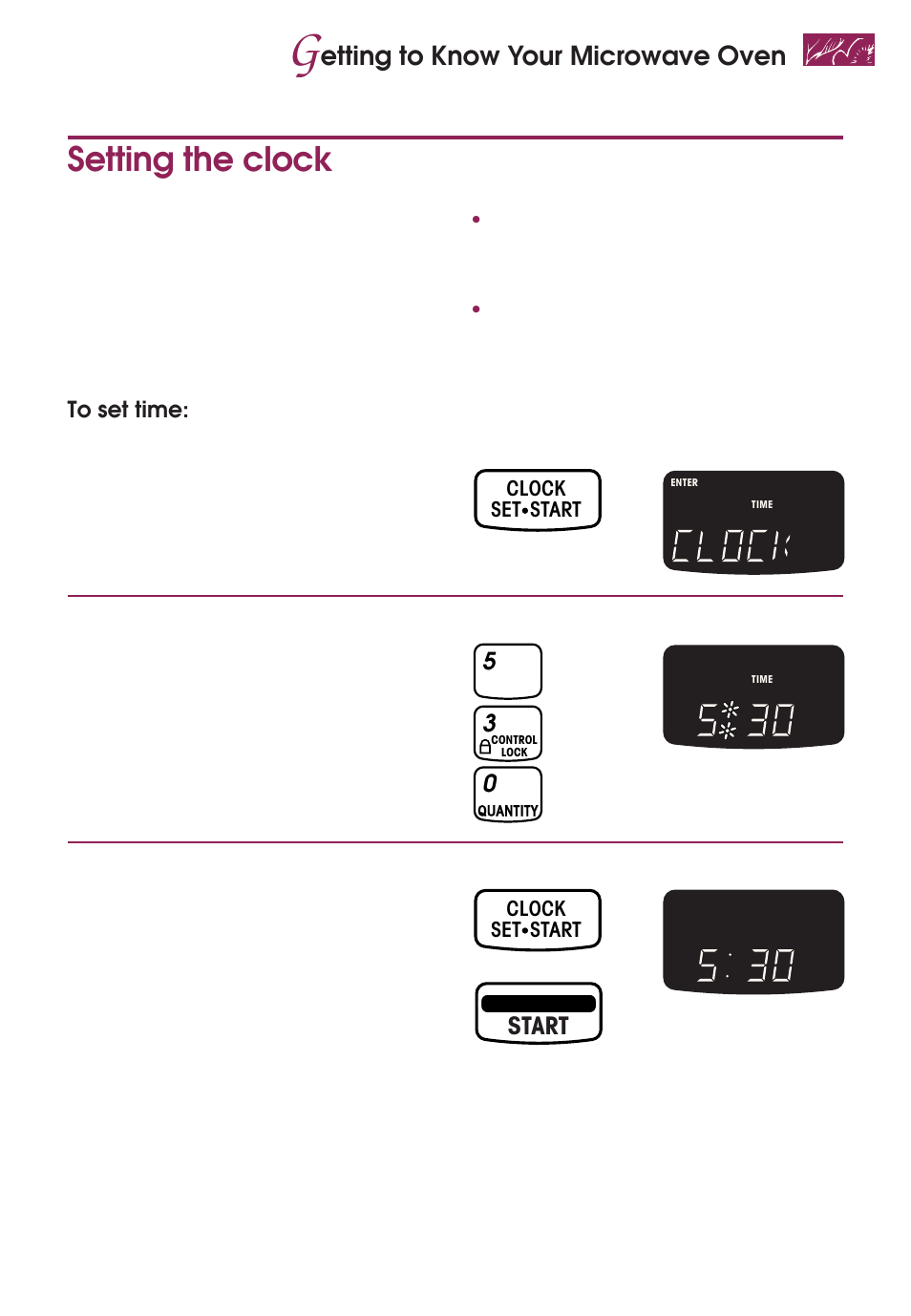 Setting the clock, Etting to know your microwave oven, Start | KITCHENAID KEMS377D User Manual | Page 17 / 60