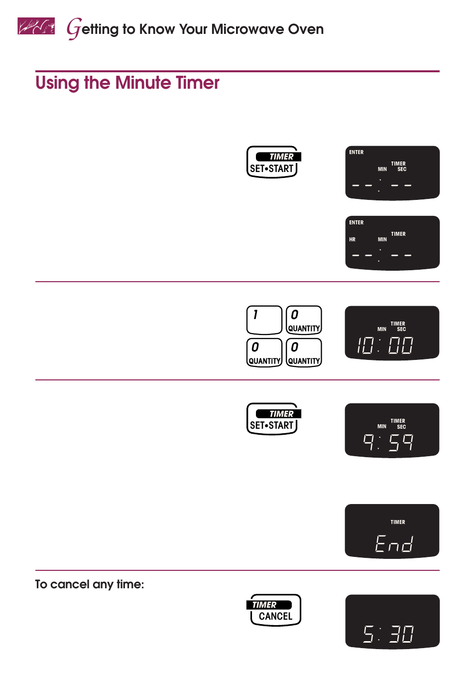 Using the minute timer, Etting to know your microwave oven, Choose the minute timer | Enter time to be counted down, Start countdown | KITCHENAID KEMS377D User Manual | Page 18 / 60