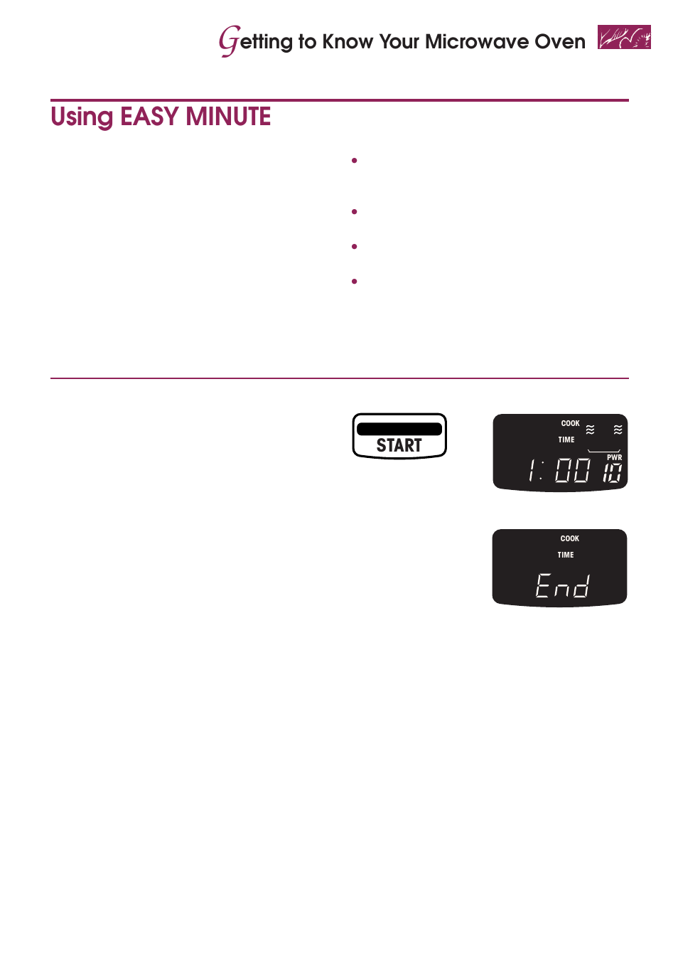 Using easy minute, Etting to know your microwave oven, Start | KITCHENAID KEMS377D User Manual | Page 19 / 60