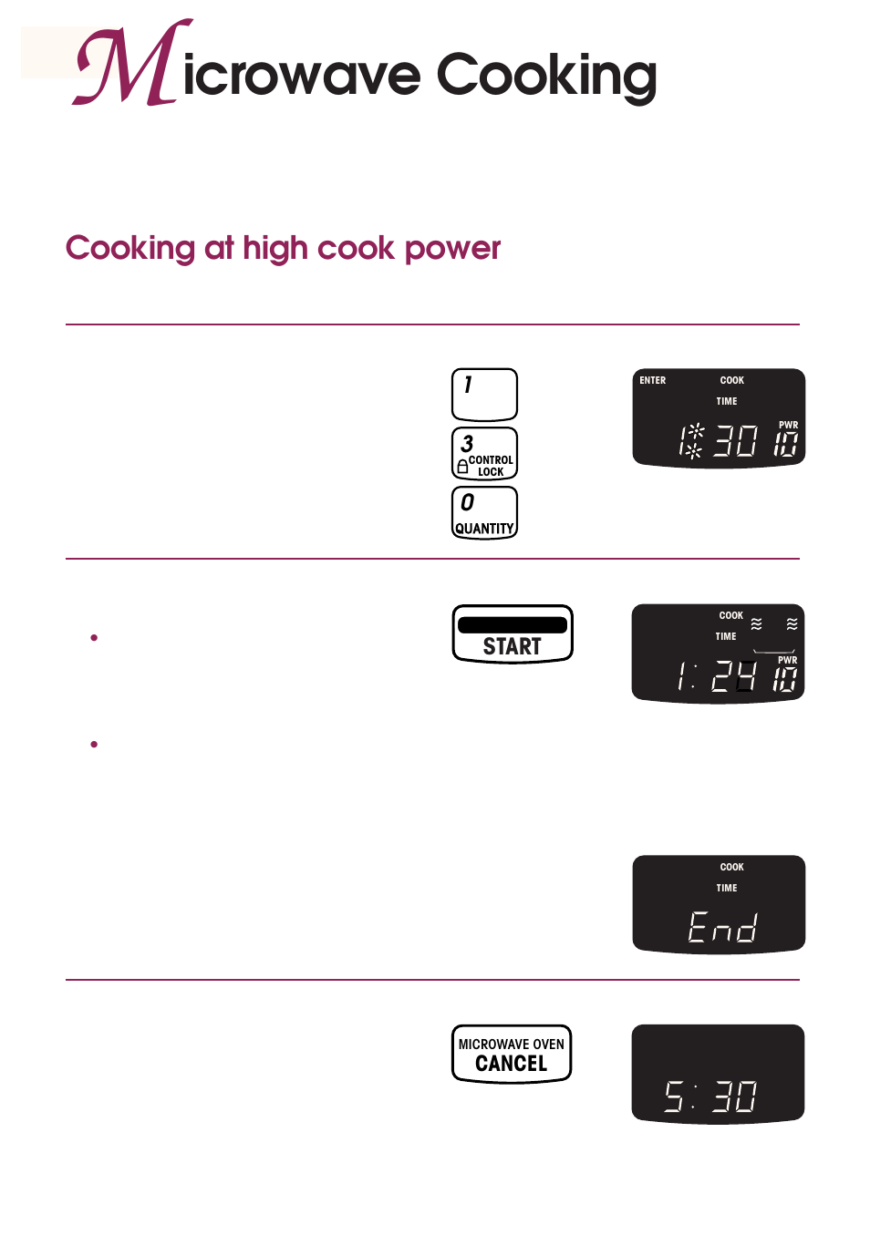 Icrowave cooking, Cooking at high cook power, Start | KITCHENAID KEMS377D User Manual | Page 20 / 60