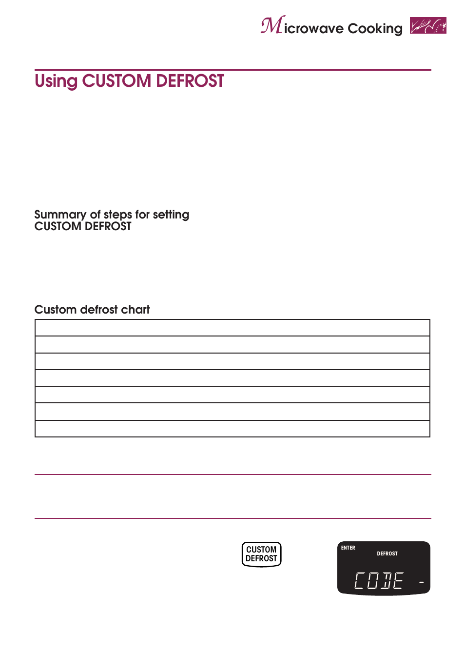 Using custom defrost, Icrowave cooking | KITCHENAID KEMS377D User Manual | Page 31 / 60