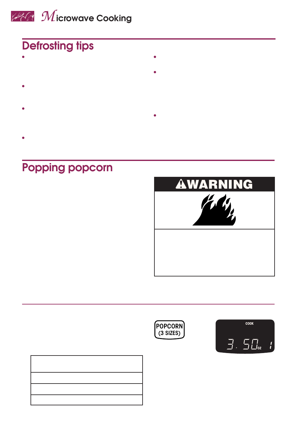 Wwarning, Defrosting tips, Popping popcorn | Icrowave cooking | KITCHENAID KEMS377D User Manual | Page 34 / 60