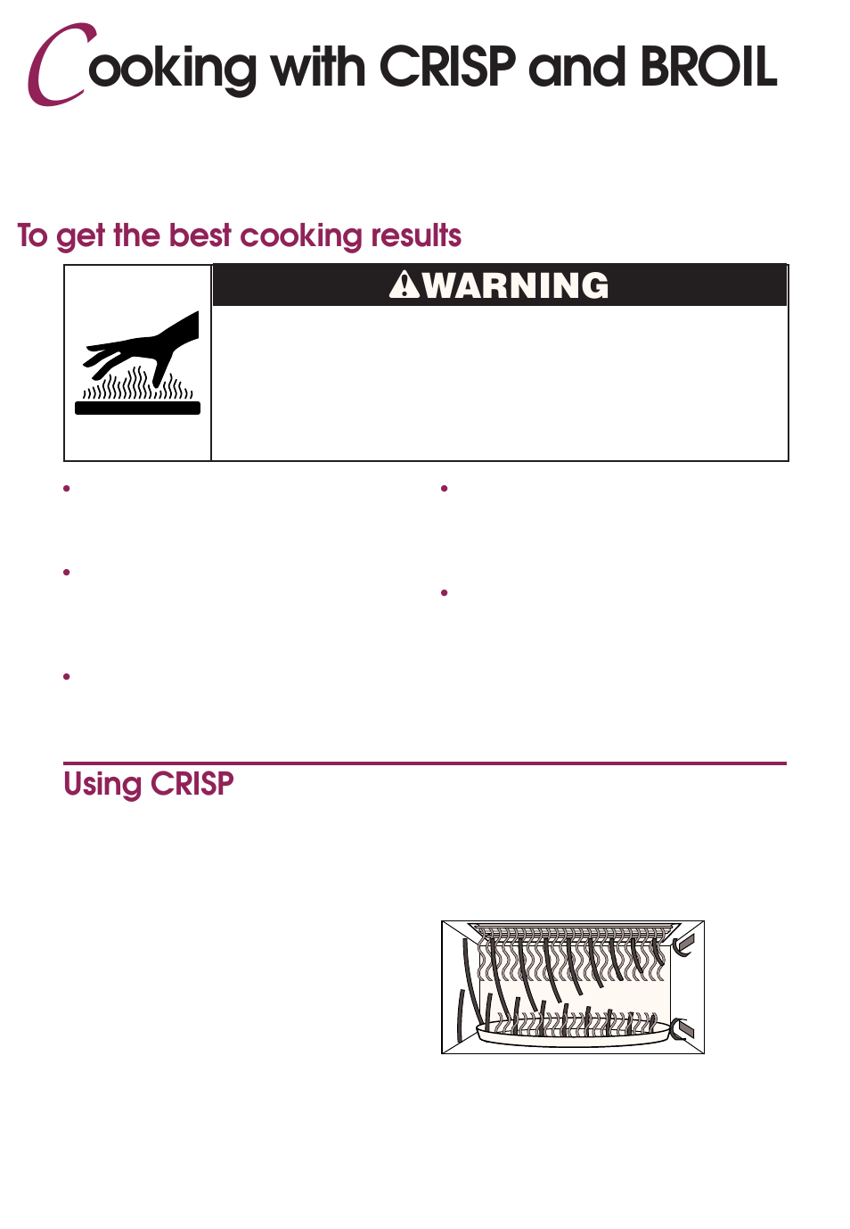 Ooking with crisp and broil, Wwarning, Using crisp | KITCHENAID KEMS377D User Manual | Page 40 / 60