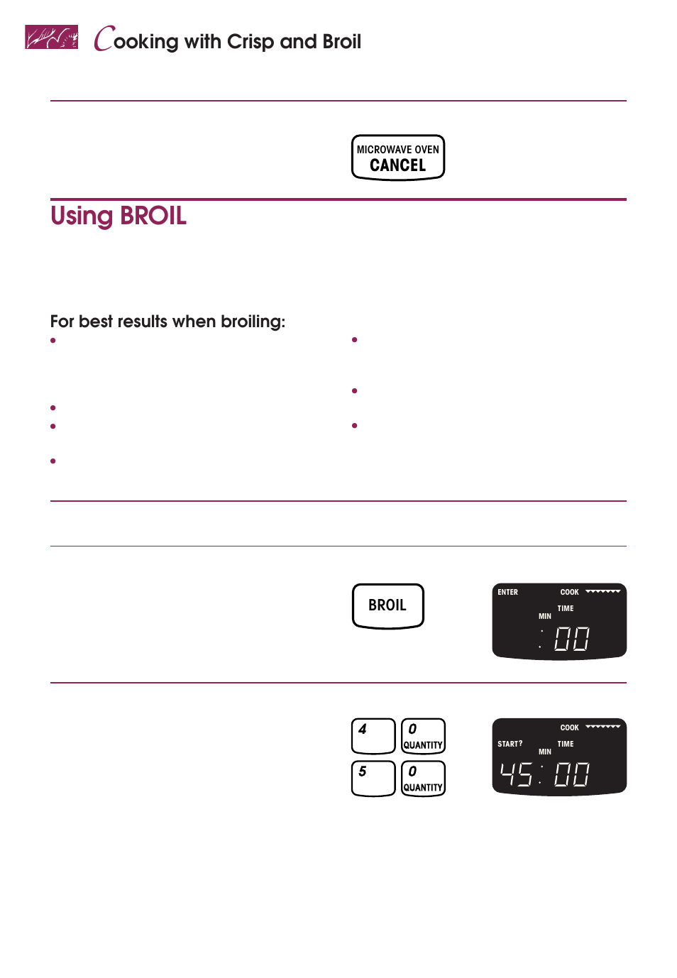 Using broil, Ooking with crisp and broil, Cancel | After cooking, open the door or, For best results when broiling | KITCHENAID KEMS377D User Manual | Page 42 / 60