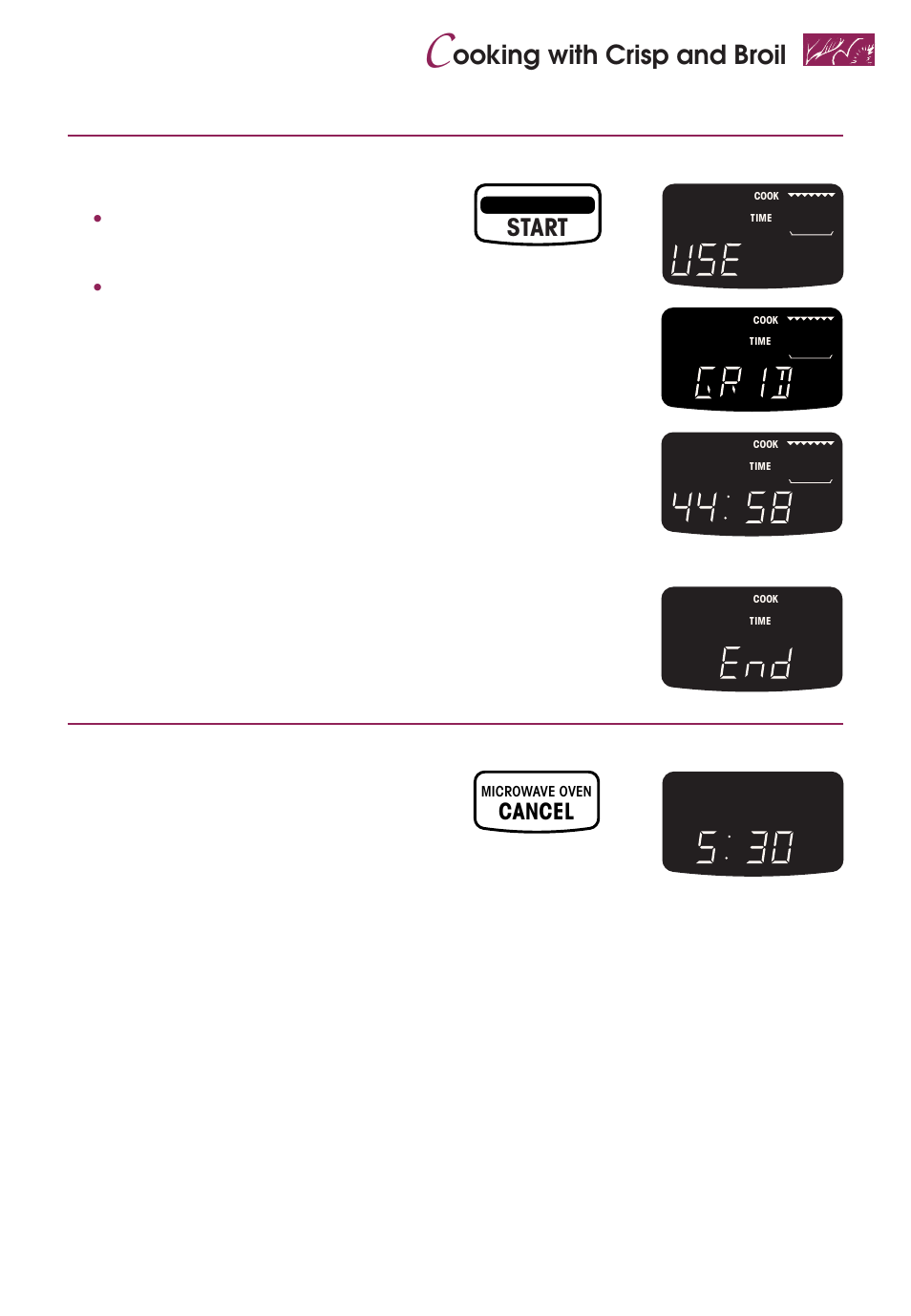 Ooking with crisp and broil, Start, Cancel | Start oven, After cooking, open the door or | KITCHENAID KEMS377D User Manual | Page 43 / 60