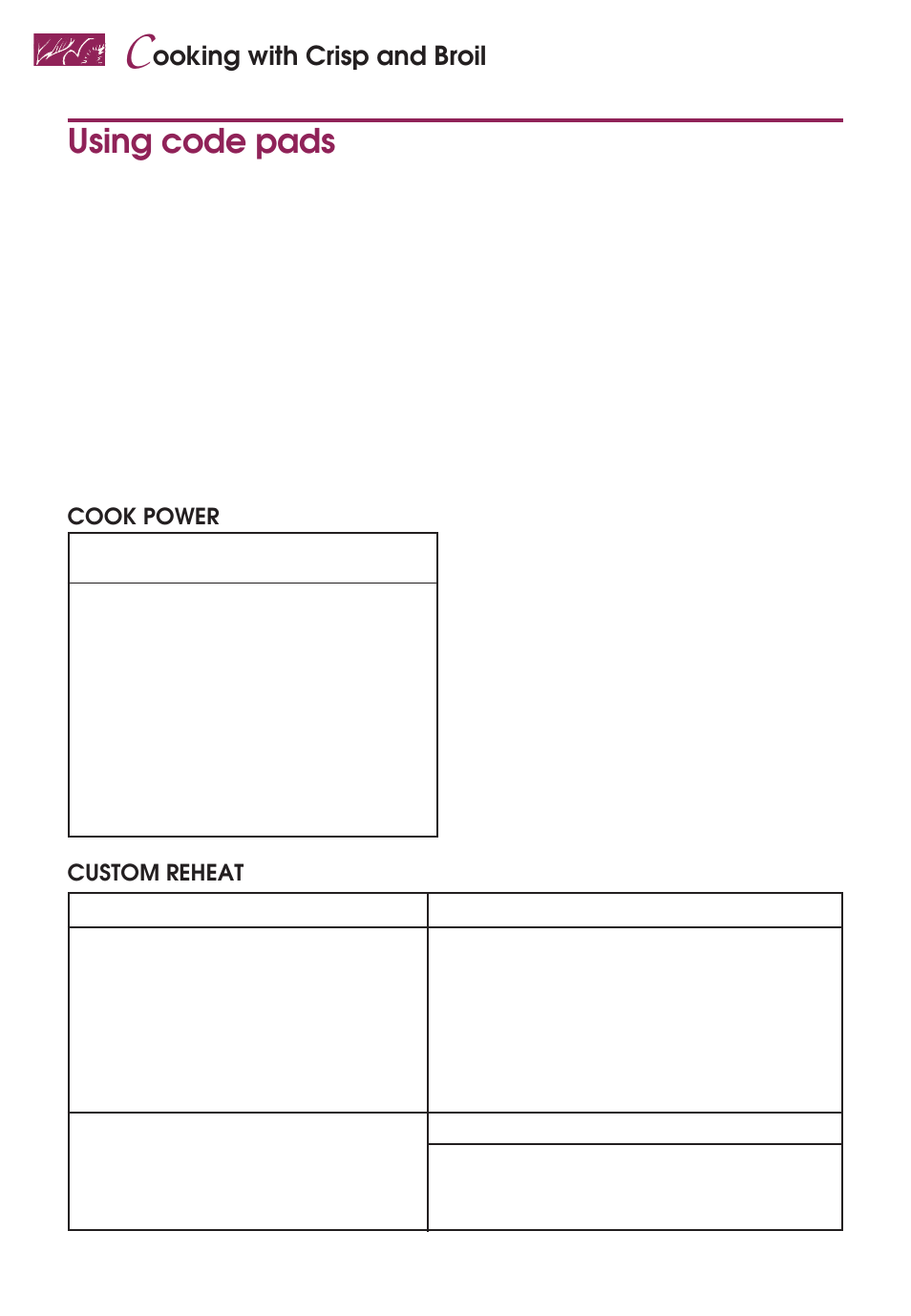 Using code pads, Ooking with crisp and broil | KITCHENAID KEMS377D User Manual | Page 44 / 60