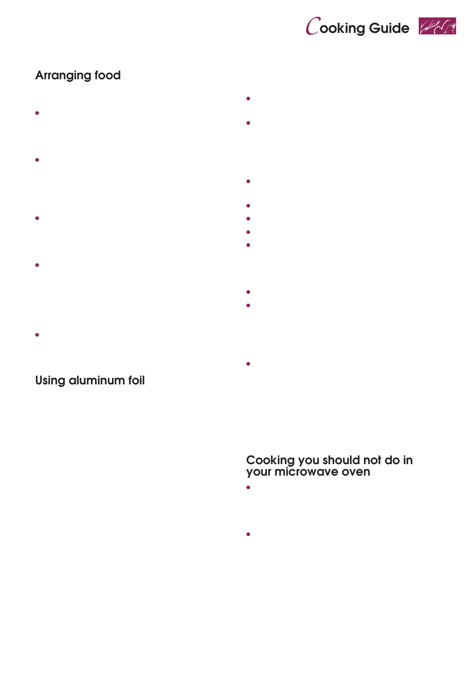 Ooking guide, Arranging food, Using aluminum foil | Cooking you should not do in your microwave oven | KITCHENAID KEMS377D User Manual | Page 51 / 60