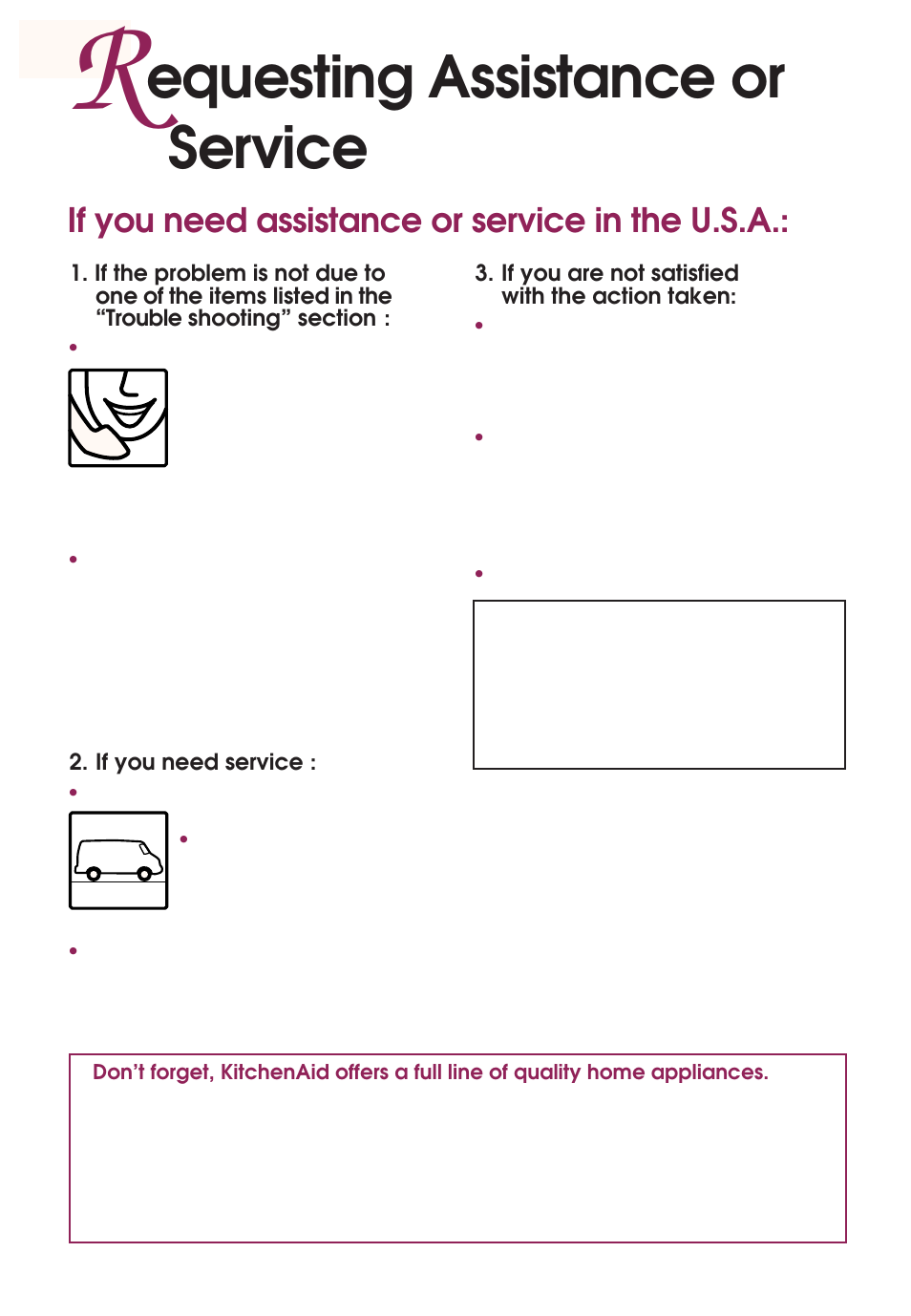 Equesting assistance or service, If you need assistance or service in the u.s.a | KITCHENAID KEMS377D User Manual | Page 56 / 60