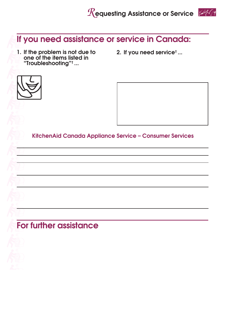 If you need assistance or service in canada, For further assistance, Equesting assistance or service | If you need service | KITCHENAID KEMS377D User Manual | Page 57 / 60