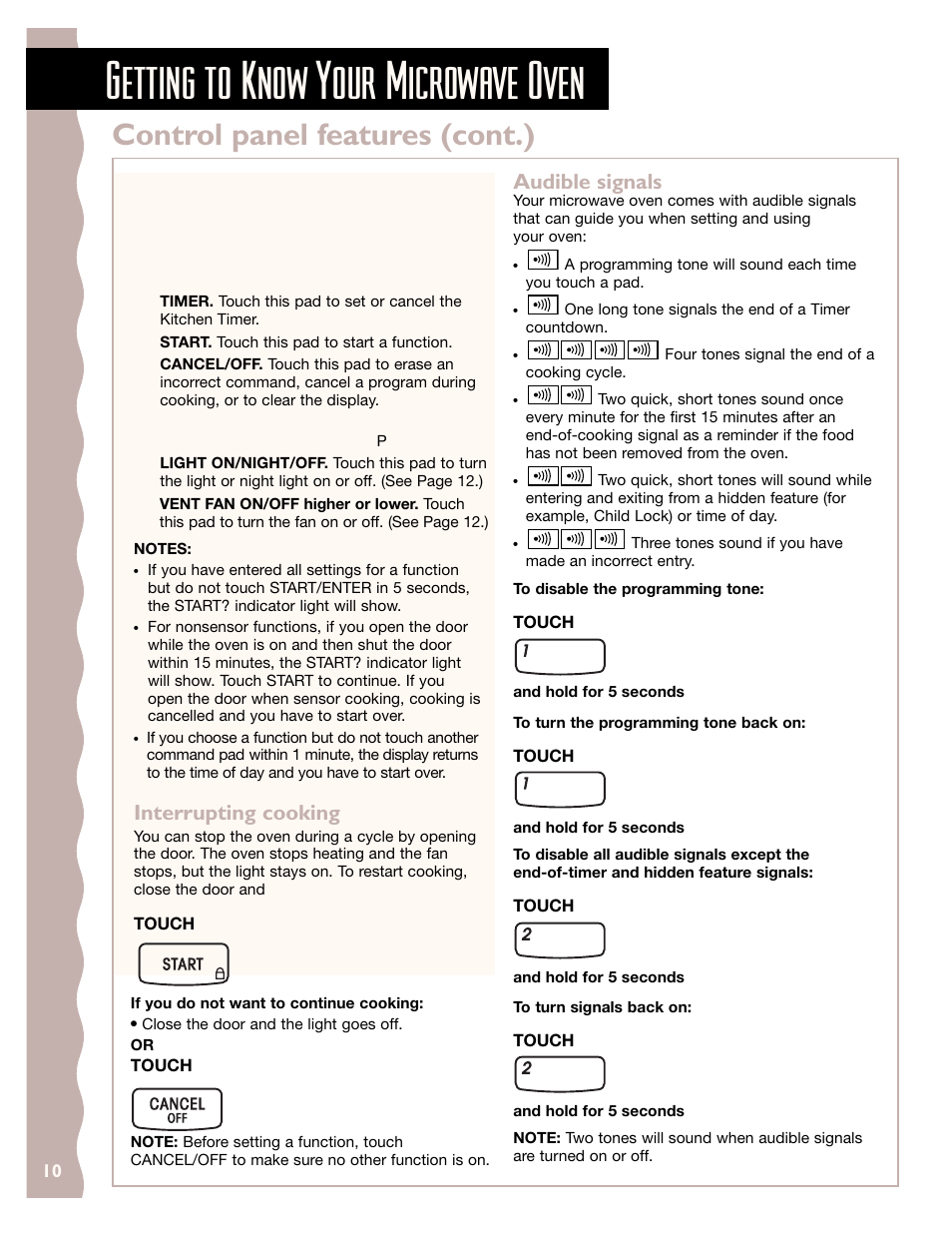 Getting to know your microwave oven, Control panel features (cont.), Interrupting cooking | Audible signals | KITCHENAID KHMS145J User Manual | Page 10 / 37