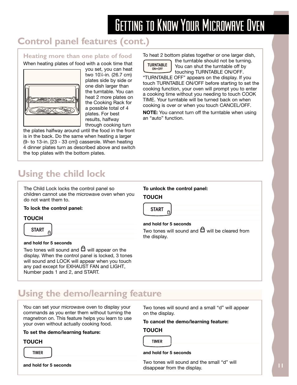Using the child lock, Using the demo/learning feature, Getting to know your microwave oven | KITCHENAID KHMS145J User Manual | Page 11 / 37