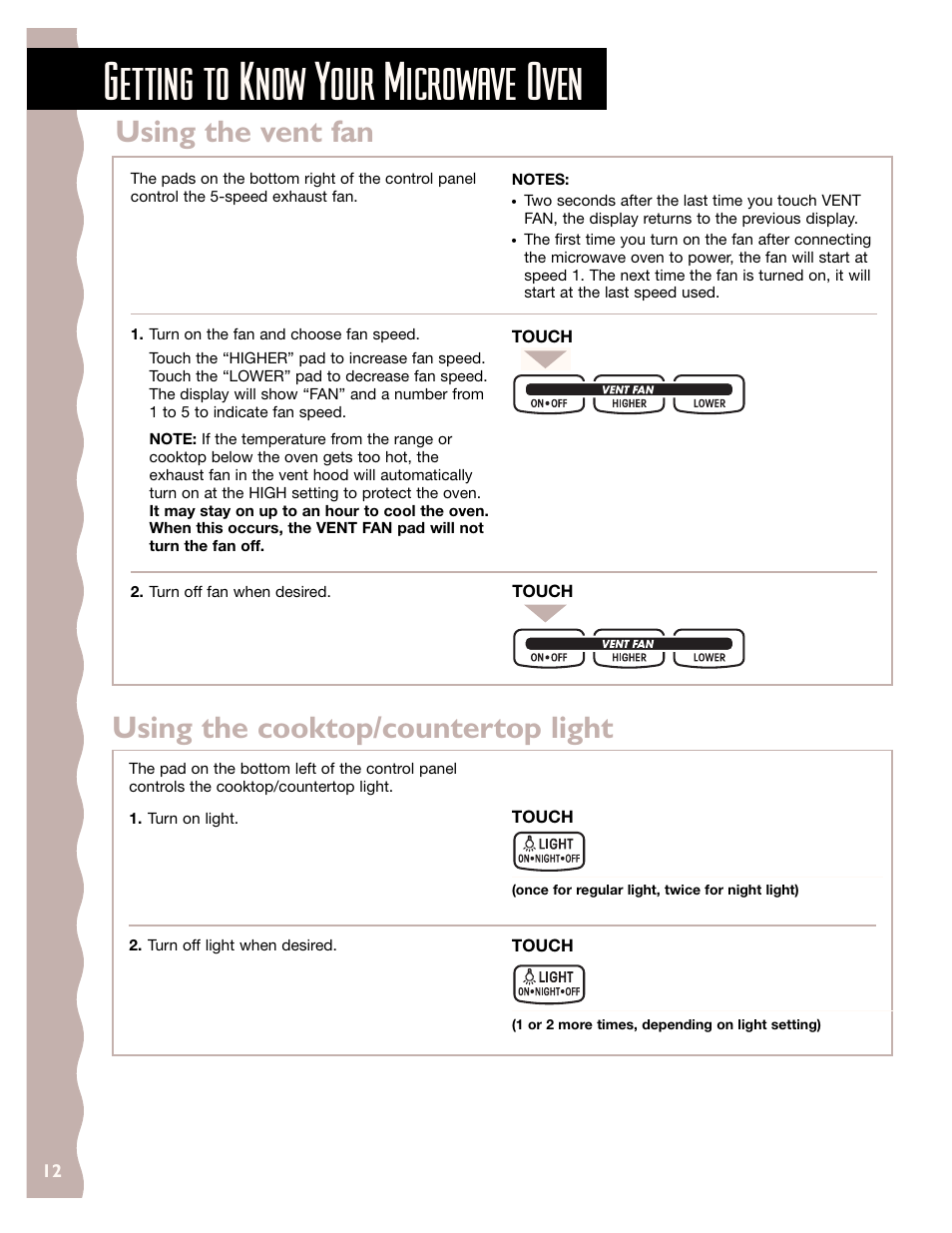 Using the vent fan, Using the cooktop/countertop light, Getting to know your microwave oven | KITCHENAID KHMS145J User Manual | Page 12 / 37