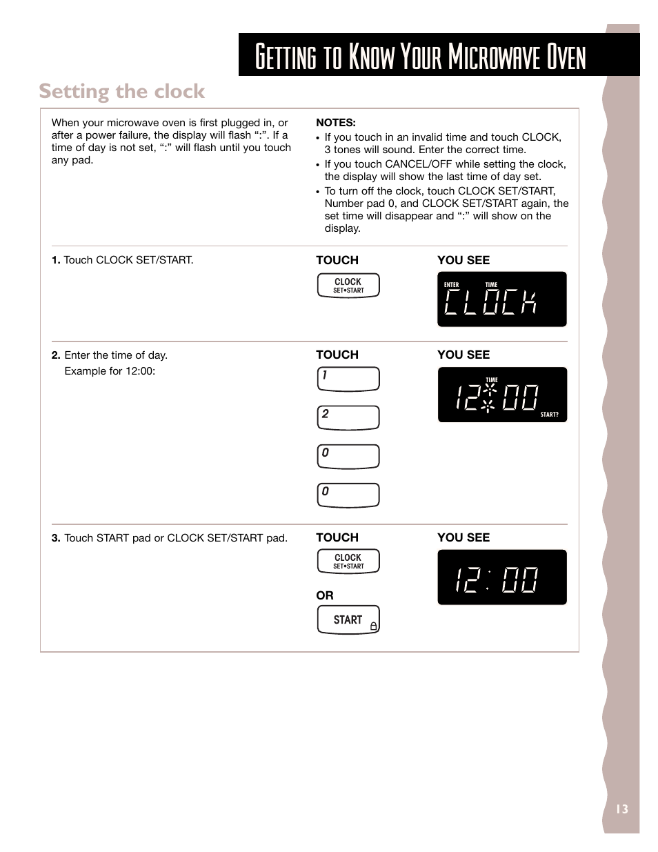 Setting the clock, Getting to know your microwave oven | KITCHENAID KHMS145J User Manual | Page 13 / 37